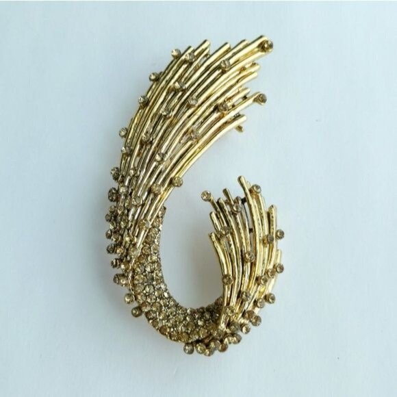 VINTAGE mid century gold tone Crystal brooch pin - Picture 3 of 7